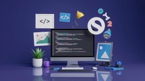 Illustration representing web development with code and graphic designing with creative visuals.