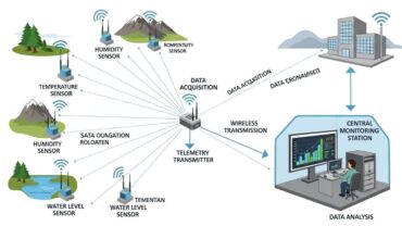 Diagram showing telemetry system collecting data from remote sensors and transmitting to central monitoring station
