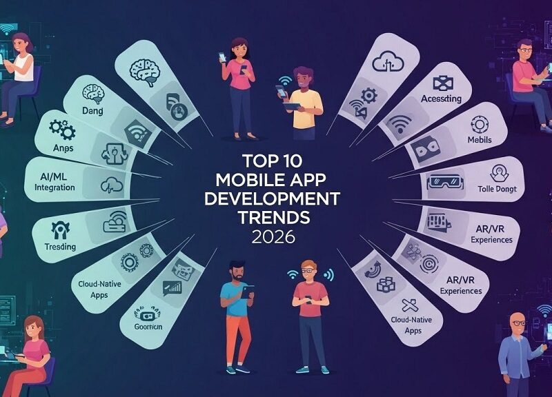 Mobile app development trends 2026 infographic showing AI, AR, and 5G integration icons