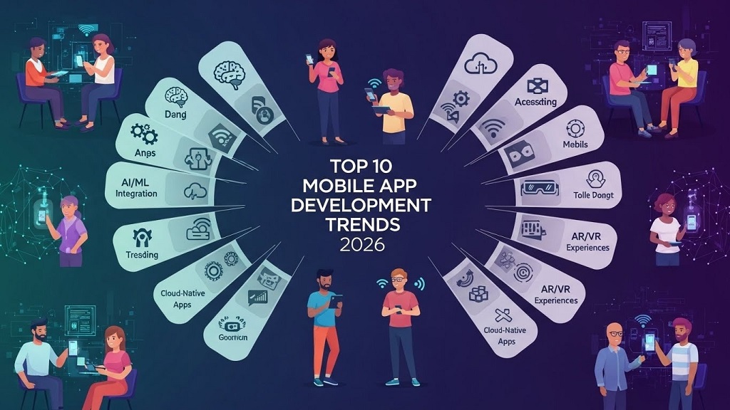 Mobile app development trends 2026 infographic showing AI, AR, and 5G integration icons