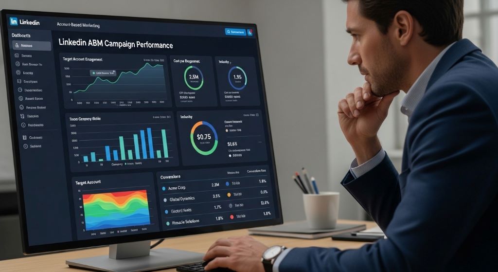 Business professional analyzing LinkedIn account-based marketing campaign dashboard showing target account engagement metrics and conversion data