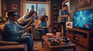 Chicago gamer using pre-owned VR headset indoors during winter