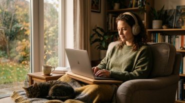 Man wearing soft over-ear wireless headphones while working at his desk.