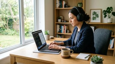 Person testing budget in ear monitor headphones at a wooden desk.