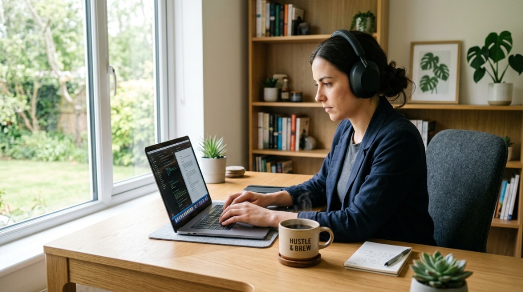Professional working remotely in Illinois wearing active noise-canceling headphones.